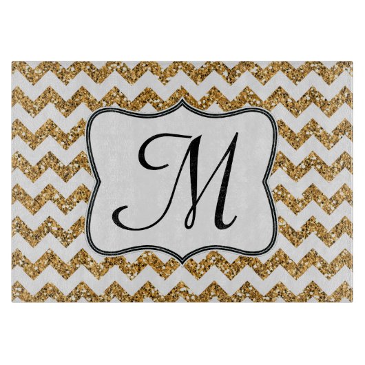 Moderne Gouden Chevron Monogram Glassnijplank Snijplank (Voorkant)