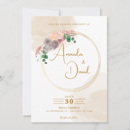 Moderne gouden cirkel bloemenbruiloft kaart (Voorkant)