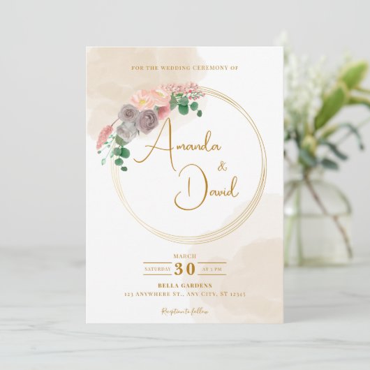 Moderne gouden cirkel bloemenbruiloft kaart (Staand voorkant)