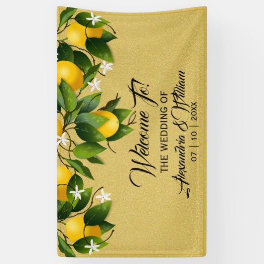 Moderne gouden citroenvrucht | Bruiloft Spandoek (Verticaal)