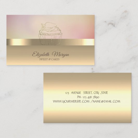 Moderne gouden cupcake aardbeienbakkerij visitekaartje (Voorkant / Achterkant)