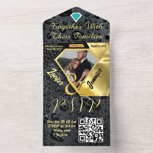 Moderne Gouden Diamant Zwart Bruiloft Uitnodiging (Binnen)