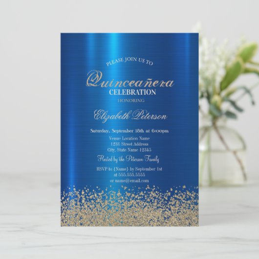 Moderne Gouden Diamanten Blauw Metallic Quinceañer Kaart (Staand voorkant)