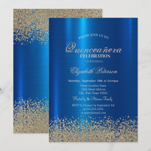 Moderne Gouden Diamanten Blauw Metallic Quinceañer Kaart (Voorkant / Achterkant)
