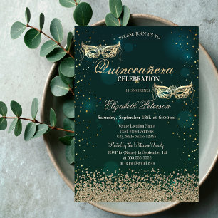 Moderne Gouden Diamanten Masker Groen Quinceañera Kaart