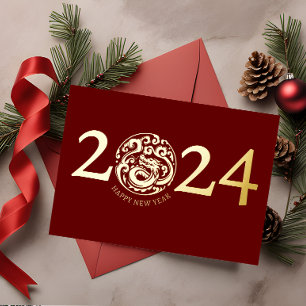 Moderne gouden draak van het maannieuwjaar folie feestdagenkaart