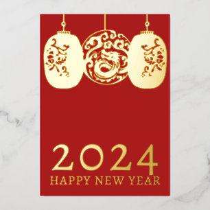 Moderne gouden draak voor het Chinese Nieuwjaar Folie Feestdagenkaart