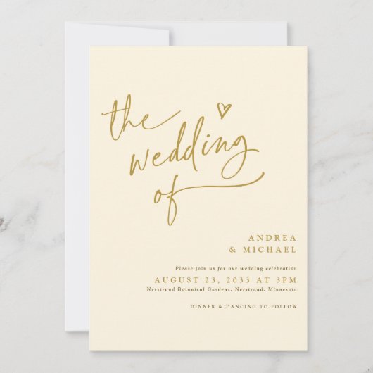 Moderne gouden en cream handschrift Heart Wedding Kaart (Voorkant)