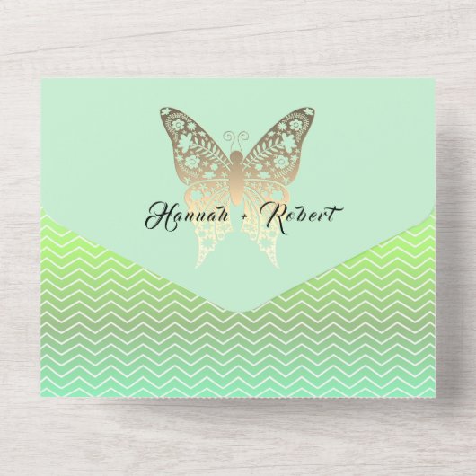 Moderne Gouden en Groene Huwelijk All In One Uitnodiging (Achterkant)