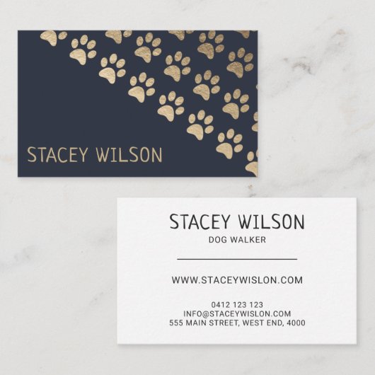 Moderne gouden en marine hond Walker | oppas Visitekaartje (Voorkant / Achterkant)