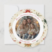 Moderne gouden en rode sneeuwvlokken rond feestdagenkaart (Voorkant)