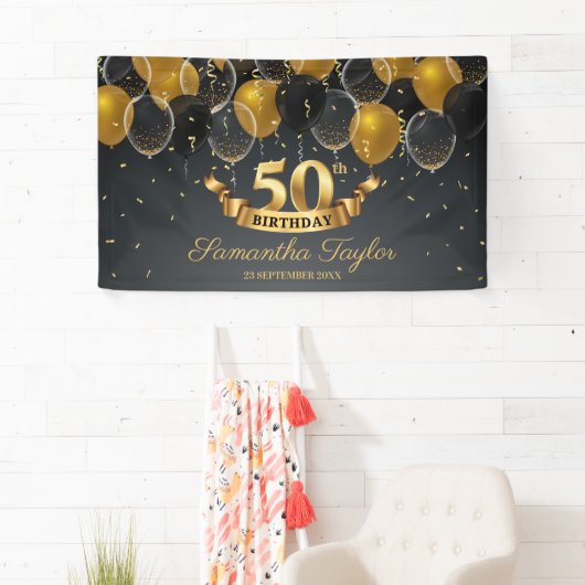 Moderne gouden en zwarte ballonnen 50ste verjaarda spandoek (Insitu)