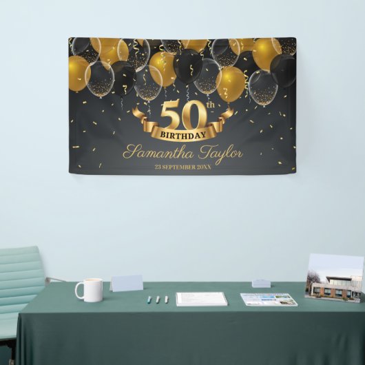Moderne gouden en zwarte ballonnen 50ste verjaarda spandoek (Beurs)