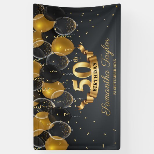 Moderne gouden en zwarte ballonnen 50ste verjaarda spandoek (Verticaal)