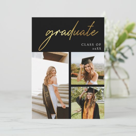 Moderne gouden en zwarte foto afstudeerfeest kaart (Staand voorkant)