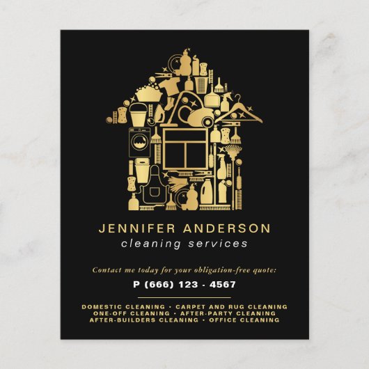Moderne Gouden en Zwarte Schoonmaakdiensten Flyer (Voorkant)