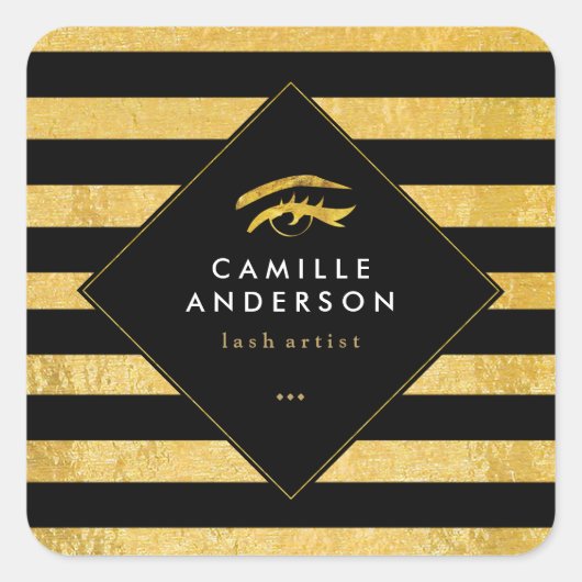 Moderne Gouden en Zwarte Strepen met Gouden Wimper Vierkante Sticker (Voorkant)