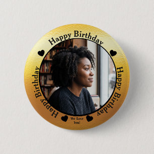 Moderne gouden en zwarte verjaardagsfotoknop ronde button 5,7 cm