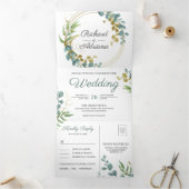 Moderne Gouden Eucalyptus Krans Alles In Een Bruil Drieluik Uitnodiging (Binnen)