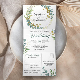 Moderne gouden eucalyptuskrans All-in-One bruiloft Drieluik Uitnodiging