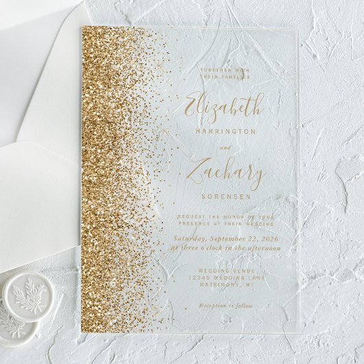 Moderne Gouden Faux Glitter Edge Wedding Acryl Uitnodigingen