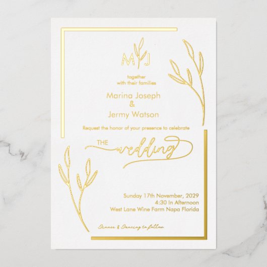 Moderne Gouden Folderrand Minimalistische Monogram Folie Uitnodiging (Voorkant)