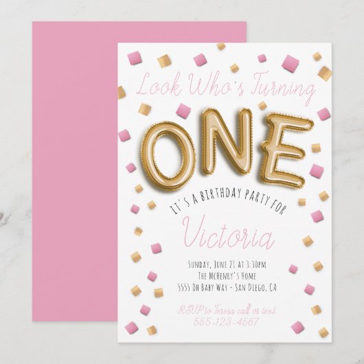 Moderne Gouden Folie Ballon 1e Verjaardag Uitnodig Kaart (Voorkant / Achterkant)