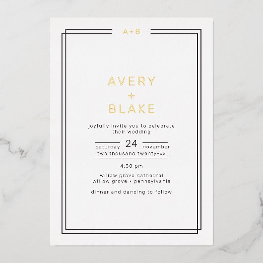 Moderne Gouden Folie Huwelijksuitnodiging / AVERY  Folie Uitnodiging (Voorkant)