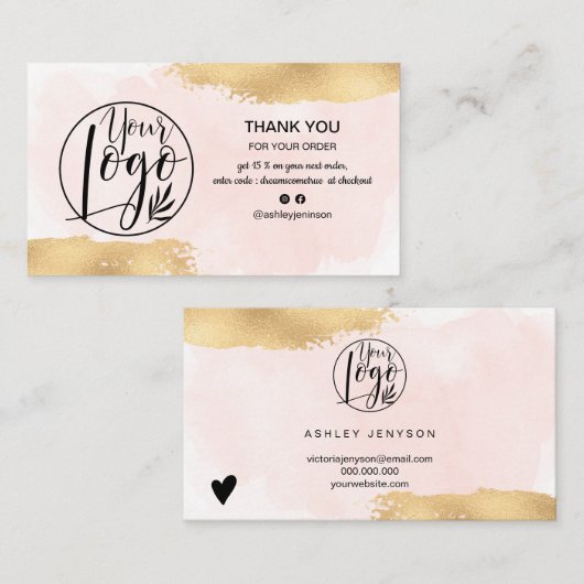 Moderne gouden folie roze logo bedankt visitekaartje (Voorkant / Achterkant)