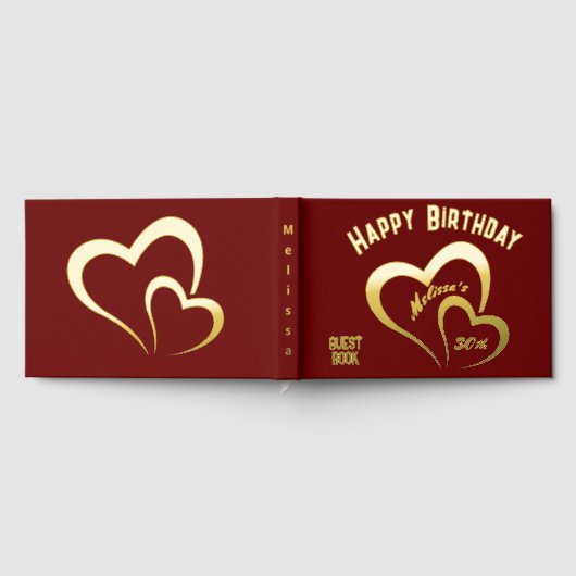 Moderne Gouden Folie Verjaardag op Maroon Monogram Gastenboek (Volledig)