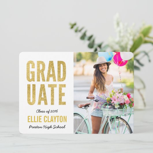 Moderne gouden foto afstuderen partij uitnodiging (Staand voorkant)