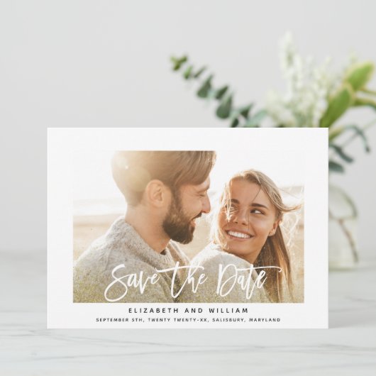 Moderne gouden foto bruiloft save the date (Staand voorkant)