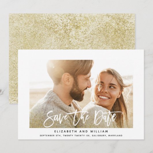 Moderne gouden foto bruiloft save the date (Voorkant / Achterkant)