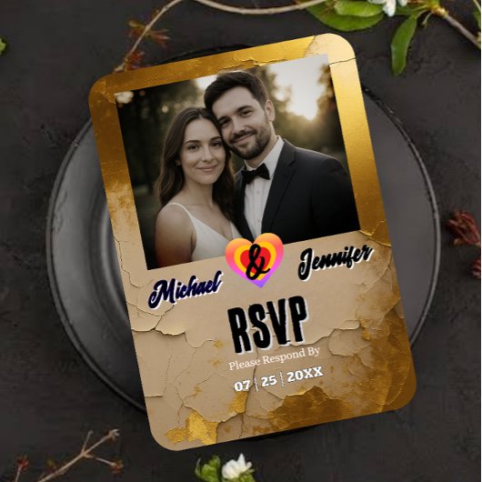 Moderne Gouden Gebarsten Foto Wedding RSVP Kaart