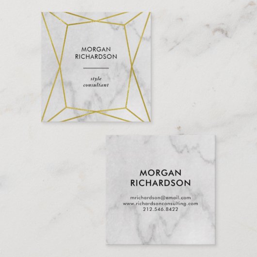 Moderne Gouden Geometrisch Faux op een Wit Marmer Vierkante Visitekaartje (Voorkant / Achterkant)