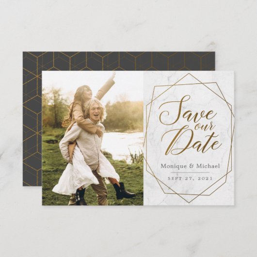 Moderne Gouden Geometrische Art Deco Marmeren Huwe Save The Date (Voorkant / Achterkant)