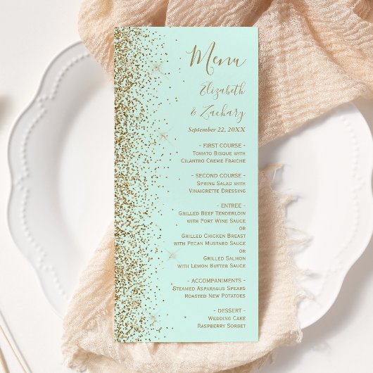 Moderne gouden glinster mintgroene trouw menu
