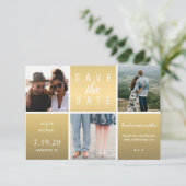 Moderne gouden glitter 3 fotocollage bruiloft save the date (Staand voorkant)