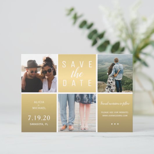 Moderne gouden glitter 3 fotocollage bruiloft save the date (Staand voorkant)