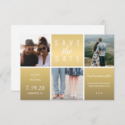 Moderne gouden glitter 3 fotocollage bruiloft save the date (Voorkant / Achterkant)