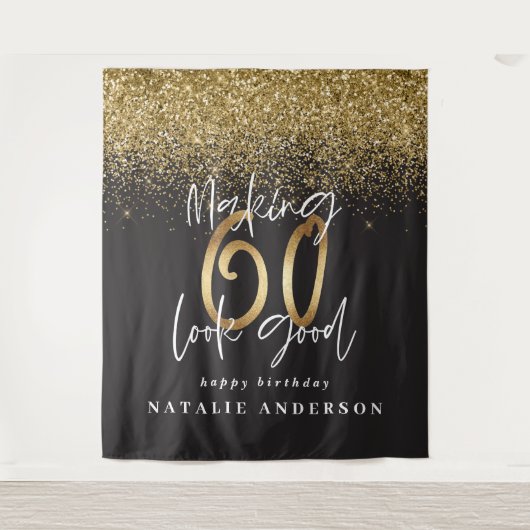 Moderne gouden glitter 60ste verjaardag feest deco wandkleed (Voorkant)