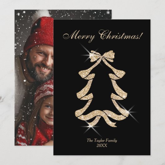 Moderne Gouden Glitter Bow Kerstboom Foto Feestdagenkaart (Voorkant / Achterkant)