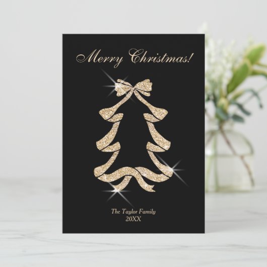 Moderne Gouden Glitter Bow Kerstboom Foto Feestdagenkaart (Staand voorkant)