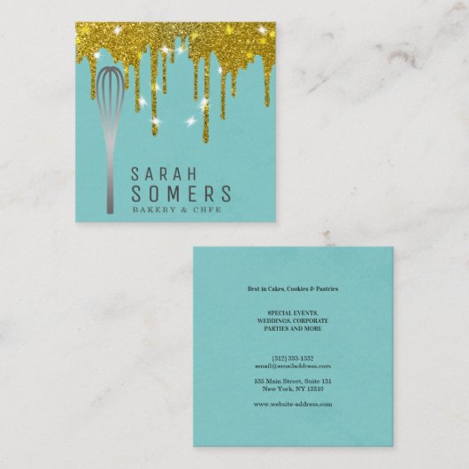 Moderne Gouden Glitter Drip Whisk Bakkerij Vierkante Visitekaartje (Voorkant / Achterkant)
