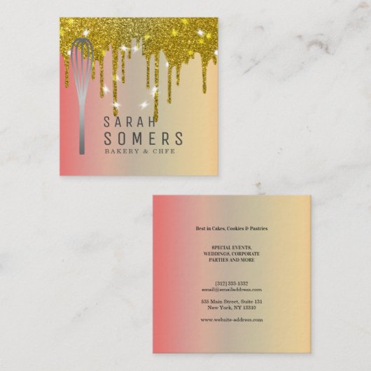 Moderne Gouden Glitter Drip Whisk Bakkerij Vierkante Visitekaartje (Voorkant / Achterkant)