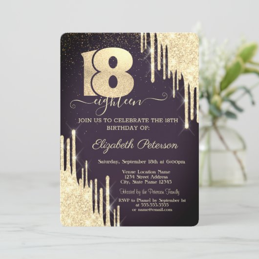Moderne Gouden Glitter Drips 18de Bourgogne Verjaa Kaart (Staand voorkant)
