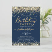 Moderne Gouden Glitter en Navy Blue Any Age Verjaa Kaart (Staand voorkant)