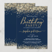 Moderne Gouden Glitter en Navy Blue Any Age Verjaa Kaart (Voorkant / Achterkant)