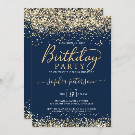 Moderne Gouden Glitter en Navy Blue Any Age Verjaa Kaart (Voorkant / Achterkant)