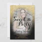 Moderne gouden glitter foto van zwart ombre 16 kaart (Voorkant)